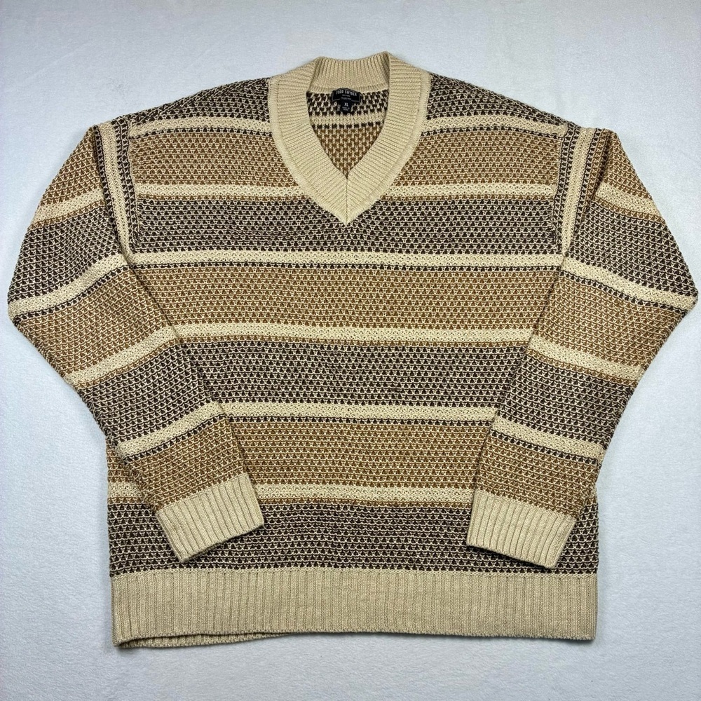 Todd Snyder Linen Open Knit V-neck Sweater Brown Tan Cream Striped XL $398